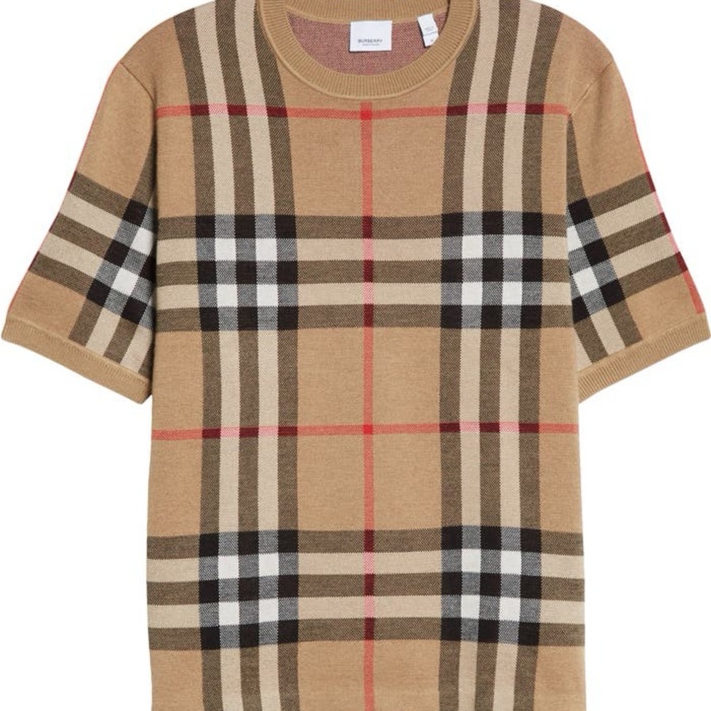 Burberry Mens Tan check jacquard silk & wool sweater T- Shirt